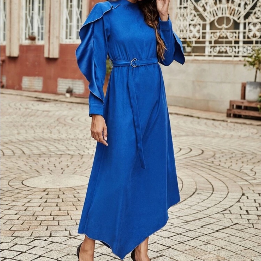 Royal blue asymmetrical midi dress